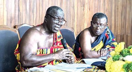 Nana Kobina Nketsia V (left), Paramount Chief of Essikado and President of the Western Regional House of Chiefs, addressing the house. With him is Nana Kwesi Agyemang IX, Paramount Chief of Lower Dixcove