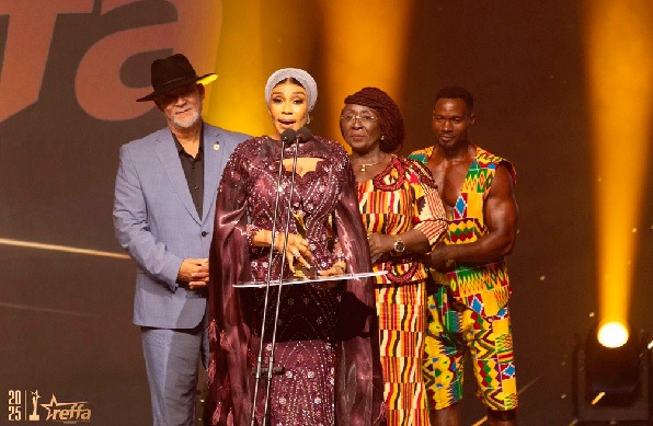 Selassie Ibrahim speaking at the REFFA AWARDS last weekend. With her are Abla Dzifa Gomashie, the Minister of Tourism, Culture and Creative Arts and Mr Thomas Svankier, Executive Chairman of Svani Group