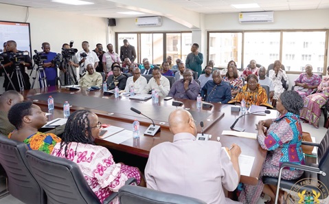  Prof. Naana Jane Opoku-Agyemang (head of table), Vice-President, speaking at the meeting. Looking on are Elizabeth Ofosu-Adjare (2nd from right), Minister of Trade, Agribusiness and Industry, and other dignitaries