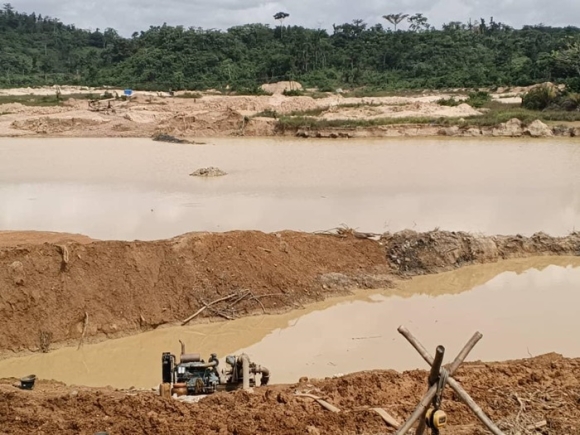 The Bia River at Dadieso in the Suaman District in the Western North Region blocked by illegal miners and reduced to nothing.