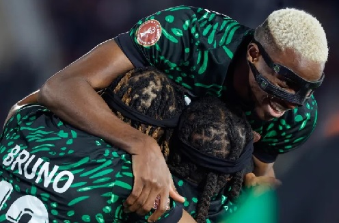Nigeria's forward Victor Osimhen celebrates his team's third goal during the Africa Cup of Nations Group C football match