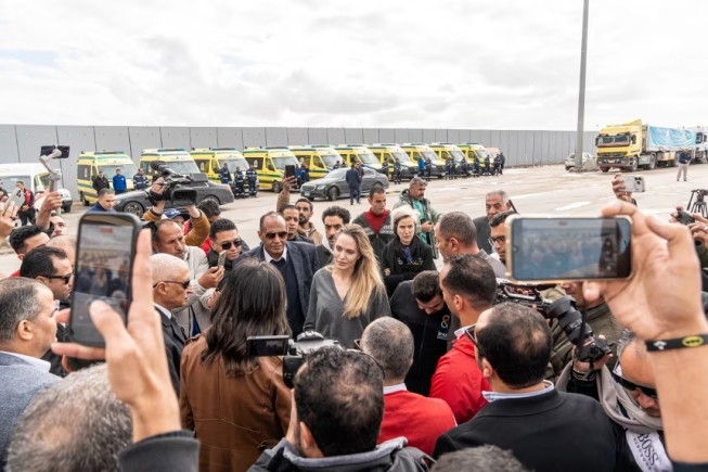 American actress and filmmaker Angelina Jolie inspects the Rafah border crossing between Egypt and the Gaza Strip on January 2 in Rafah, Egypt. Ali Moustafa/Getty Images