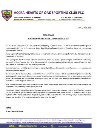 Hearts of Oak goalkeeper Benjamin Asare signs contract extension until 2027