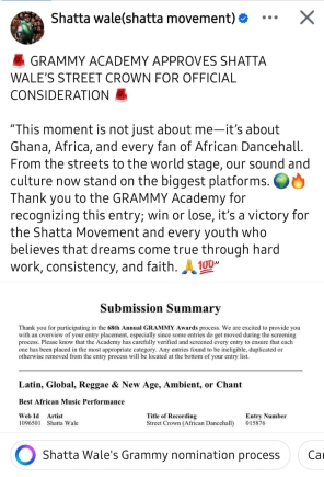 Shatta Wale Grammy nomination