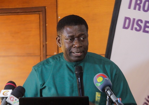 Dr Joseph Larbi Opare (inset), Programmes Manager in charge of Neglected Tropical Diseases, addressing the audience at the event. Picture: CALEB VANDERPUYE Dr Joseph Larbi Opare (inset), Programmes Manager in charge of Neglected Tropical Diseases, addressing the audience at the event. Picture: CALEB VANDERPUYE