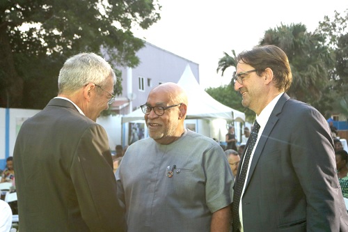Roey Gilad (left), Israeli Ambassador to Ghana, Liberia and Sierra Leone, Charles Abani (middle), UN Resident Coordinator, and Daniel Krull, German Ambassador to Ghana, in a hearty chat after the ceremony Roey Gilad (left), Israeli Ambassador to Ghana, Liberia and Sierra Leone, Charles Abani (middle), UN Resident Coordinator, and Daniel Krull, German Ambassador to Ghana, in a hearty chat after the ceremony