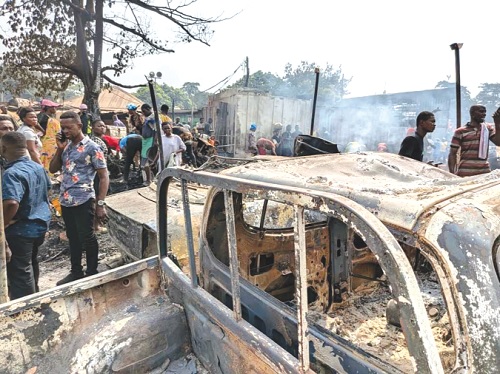 Shops and vehicles were completely burnt down by the fire incident at the Suame Magazine Shops and vehicles were completely burnt down by the fire incident at the Suame Magazine