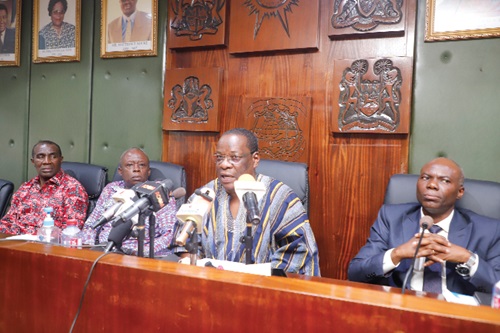 John K. Kapi (2nd from right), Head, Public Affairs, WAEC, addressing participants during the media briefing. Those with him are some departmental heads of WAEC. Picture: EDNA SALVO KOTEY