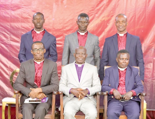 Apostle Edward Frempong (middle seated), Founding National President of DGM, with the five newly commissioned apostles Apostle Edward Frempong (middle seated), Founding National President of DGM, with the five newly commissioned apostles