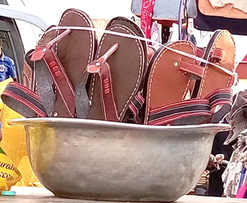 Some of the  finished leather products being displayed for sale