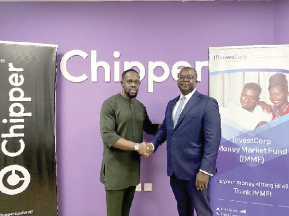 Henry Sunkwa-Mills, Managing Director, InvestCorp exchanging pleasantries with Dion Jon Taylor Samson, Managing Director, Chipper cash 2 Companies partner to enhance financial inclusion