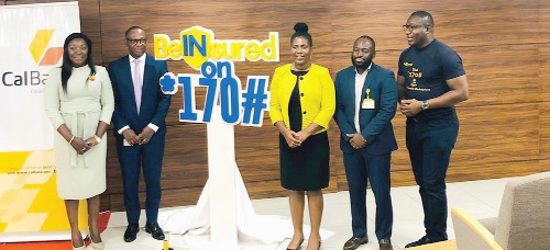 Martha Acquaye (left), Head of Digital &amp; Inclusive Banking of CalBank PLC; Samuel Amanor (right), CEO of BlueSPACE Financial Cloud; Sylvia Otuo-Acheampong (3rd from right), Chief Products Officer, MTN Mobile Money and other partners at the launch of BeINsured insurance platform