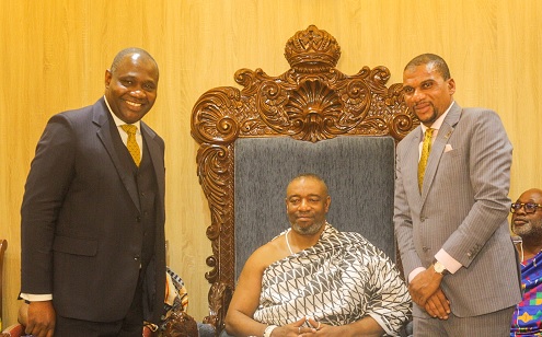 King Nii Tackie Teiko Tsuru II (middle), Ga Mantse, with Farihan Alhassan (right), Managing Director of GCB PLC, and Emmanuel Odartey Lamptey (left), Deputy Managing Director of Operations GCB PLC. Picture: CALEB VANDERPUYE 