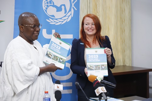 Dr Nii Moi Thompson (left), Chairman of the National Development Planning Commission, and Dr Paulina Sarvilahti, Chief of Social Policy and Inclusion, UNICEF, launching the 2023 District League Table Report