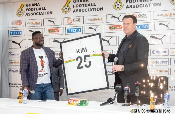 Kim Lars Bjorkegren (right), the Black Queens new coach, as he was unveiled by Gideon Fosu, GFA Executive Committee member, on behalf of the football association Kim Lars Bjorkegren (right), the Black Queens new coach, as he was unveiled by Gideon Fosu, GFA Executive Committee member, on behalf of the football association