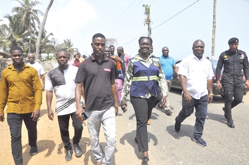 Prof. Nana Ama Brown Klutse (arrowed), Chief Executive Officer of EPA, James Gunu (right), Volta Regional Minister, and some officials of EPA and members of the flood-hit communities touring the affected scene Prof. Nana Ama Brown Klutse (arrowed), Chief Executive Officer of EPA, James Gunu (right), Volta Regional Minister, and some officials of EPA and members of the flood-hit communities touring the affected scene