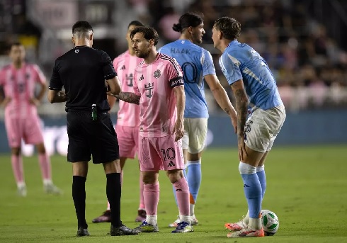Lionel Messi (middle) fined for grabbing neck of New York City coach Lionel Messi (middle) fined for grabbing neck of New York City coach