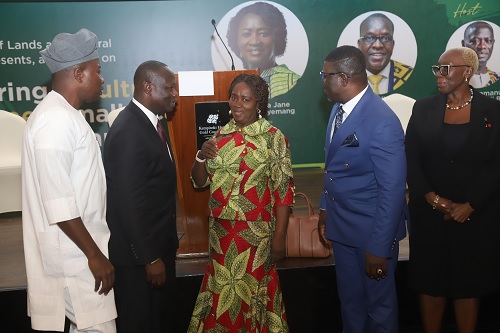 Prof. Naana Jane Opoku-Agyemang (3rd from left), Vice-president, interacting with Armah-Kofi Buah (2nd from left), Minister of Lands and Natural Resources, after the conference on small-scale mining in Accra. With them are Mahama Ayariga (left), Majority Leader, and Marietta Agyeiwaa Brew (extreme right), former Attorney General and Minister of Justice, and Rockson-Nelson Dafeamekpor (2nd from right), Majority Chief Whip, in Parliament. Picture: SAMUEL TEI ADANO