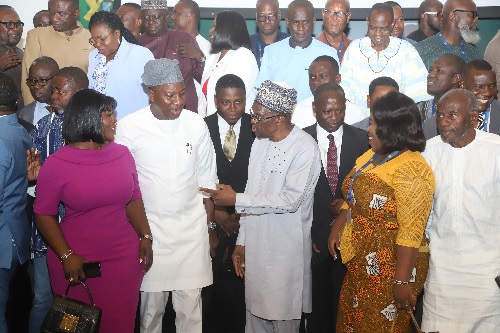 Alban Kingsford Sumana Bagbin (3rd from right), Speaker of Parliament, interacting with Mahama Ayariga (2nd from left), Majority Leader in Parliament, after the conference. With them are some NDC members of parliament. Picture: SAMUEL TEI ADANO Alban Kingsford Sumana Bagbin (3rd from right), Speaker of Parliament, interacting with Mahama Ayariga (2nd from left), Majority Leader in Parliament, after the conference. With them are some NDC members of parliament. Picture: SAMUEL TEI ADANO