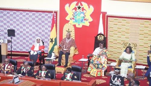  President John Dramani Mahama (seated 2nd from left) with Vice-president Prof. Naana Jane Opoku-Agyemang (right), Alban Sumana Bagbin (2nd from right), Speaker of Parliament, and Gertrude Esaaba Sackey Torkornoo (left), Chief Justice, during the 2025 SONA. Picture: SAMUEL TEI ADANO