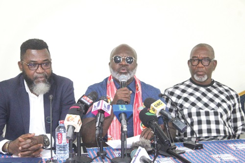 Bernard Owusu (2nd from left), National Chairman, General Transport, Petroleum and Chemical Worker's Union Congress of TUC (Ghana), addressing the media on the establishment of an independent committee to review the work of the outgone board of directors of Tema OIL Refinery (TOR). With him are Francis Sallah (left), Deputy General Secretary GTPCWU of TUC (Ghana) and Joseph Hotor (right), General Secretary Communication Worker's TUC. Picture: ESTHER ADJORKOR ADJEI Bernard Owusu (2nd from left), National Chairman, General Transport, Petroleum and Chemical Worker's Union Congress of TUC (Ghana), addressing the media on the establishment of an independent committee to review the work of the outgone board of directors of Tema OIL Refinery (TOR). With him are Francis Sallah (left), Deputy General Secretary GTPCWU of TUC (Ghana) and Joseph Hotor (right), General Secretary Communication Worker's TUC. Picture: ESTHER ADJORKOR ADJEI