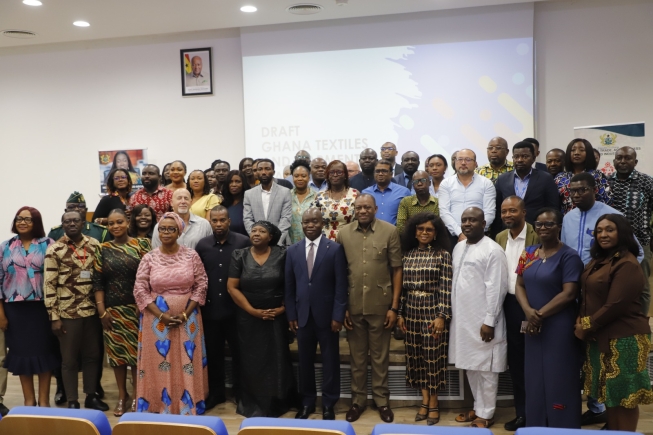 Sampson Ahi (6th from right), Deputy Minister of Trade, Agribusiness and Industry Dr Abdul Rashid Pelpuo (5th from right), Minister of Labour, Jobs and Employment with some dignitaries and stakeholers after the workshop Picture: EDNA SALVO KOTEY