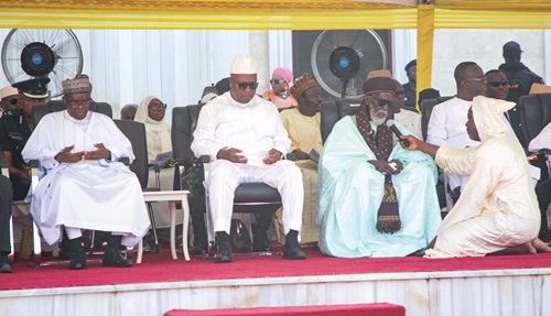Sheikh Usmanu Nuhu Sharubutu (3rd from left), National Chief Imam, praying for President John Dramani Mahama (2nd from left) during the National Day of Prayer and Thanksgiving in Accra. On the President’s right is Alban Bagbin, Speaker of Parliament. Picture: CALEB VANDERPUYE