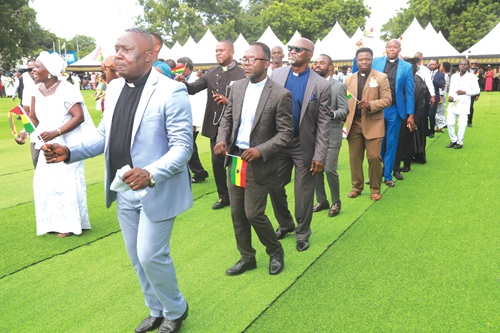 Some members of the clergy glorifying God during the National Prayer and Thanksgiving Day at the forecourt of the State House in Accra. Picture: SAMUEL TEI ADANO