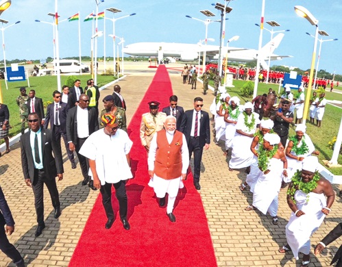 President John Mahama ushering in Narendra Modi, the Indian Prime Minister, to the arrival hall of the Kotoka International Airport in Accra President John Mahama ushering in Narendra Modi, the Indian Prime Minister, to the arrival hall of the Kotoka International Airport in Accra