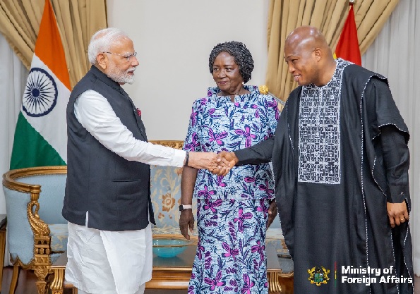 Samuel Okudzeto Ablakwa, Foreign Minister greets Narendra Modi, India Prime Minister while Professor Naana Jane Opoku Agyemang, Vice President of the Republic looks on Samuel Okudzeto Ablakwa, Foreign Minister greets Narendra Modi, India Prime Minister while Professor Naana Jane Opoku Agyemang, Vice President of the Republic looks on