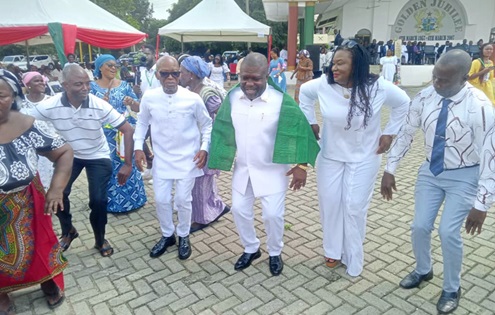 James Gunu (3rd from right), Volta Regional Minister, leading an agbadza dance session during a musical interlude at the event