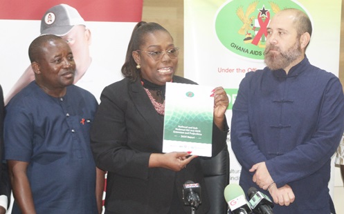Nana Oye Bampoe Addo (middle), Deputy Chief of Staff at the Office of the President, launching the National and Subnational HIV and AIDS Estimates and Projections 2024 Report in Accra. With her is Hector Sucilla Perez (right), UNAIDS Country Director, and Dr Kharmacelle Akanbong (left), acting Director-General of the Ghana AIDS Commission (GAC). Picture: ESTHER ADJORKOR ADJEI 