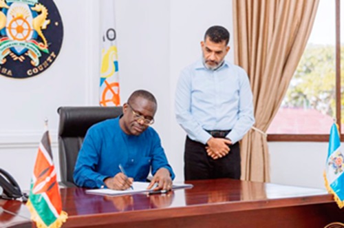 Joseph Siaw Agyepong (left), Executive Chairman of Jospong Group, signing the partnership agreement while Abdullswamad Sherrif Nassir, the Governor of Mombasa County, looks on Joseph Siaw Agyepong (left), Executive Chairman of Jospong Group, signing the partnership agreement while Abdullswamad Sherrif Nassir, the Governor of Mombasa County, looks on