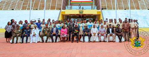 President John Dramani Mahama (middle), Vice-President Prof. Naana Jane Opoku-Agyemang (6th from left), with some government officials, the leadership of the Ghana Armed Forces and students after the event President John Dramani Mahama (middle), Vice-President Prof. Naana Jane Opoku-Agyemang (6th from left), with some government officials, the leadership of the Ghana Armed Forces and students after the event