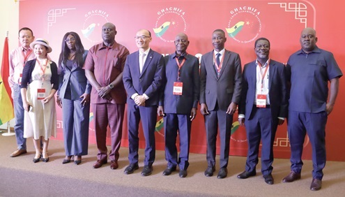 Tong Defa (middle), Ambassador, People's Republic of China to Ghana; Anani Demuyakor (4th from right), Chairman, Ghana-China Friendship Association, and Joe Onyame (4th from left), Personal Assistant to Augustus Goosie Tanoh, Presidential Advisor on 24-Hour Economy and Accelerated Export Development Programmes, with other participants Tong Defa (middle), Ambassador, People's Republic of China to Ghana; Anani Demuyakor (4th from right), Chairman, Ghana-China Friendship Association, and Joe Onyame (4th from left), Personal Assistant to Augustus Goosie Tanoh, Presidential Advisor on 24-Hour Economy and Accelerated Export Development Programmes, with other participants