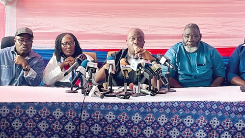Justin Kodua Frimpong (middle), General Secretary, NPP, addressing the media. With him are Nana Akua Owusu Afriyie (left), NPP Candidate for Ablekuma North, and Alhaji Masawudu Osman, 3rd Deputy National Chairman, NPP 