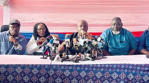 Justin Kodua Frimpong (middle), General Secretary, NPP, addressing the media. With him are Nana Akua Owusu Afriyie (left), NPP Candidate for Ablekuma North, and Alhaji Masawudu Osman, 3rd Deputy National Chairman, NPP 