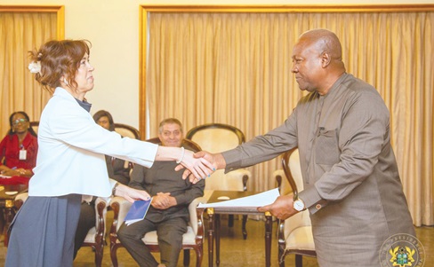 President John Mahama accepting the credentials of Maria Da Conceicao De Souse Pilar, Ambassador of Portugal