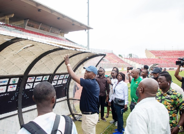 Kofi Iddie Adams (arrowed), Minister of Sports and Recreation, has been inspecting facilities, including the Baba Yara Sports Stadium in Kumasi