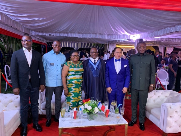 Dr John Jinapor (far left), the Minister of Energy and Green Transition; Fifi Fiavi Kwetey (2nd left), the General Secretary of the NDC; Lydia Lamisi Akanvariba (3rd left), the Minister of State in Charge of Public Sector Reforms; Jules Armand-Aniambossou (3rd right), the French Ambassador to Ghana; Maher Kheir (2nd right), the Dean of the Diplomatic Corps and the Lebanese to Ghana and Kofi Adams (far right), the Minister of Sports and Recreation in a group photograph at the National French Day Celebration in Accra.