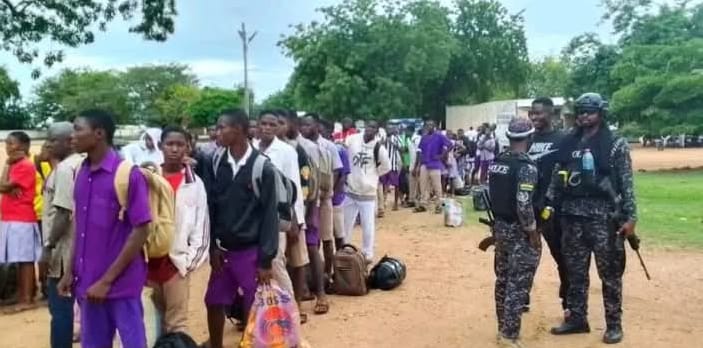 Students in a queue waiting to be transported out of the school Zuarungu SHS shut down after ethnic clash sparks riot and arson