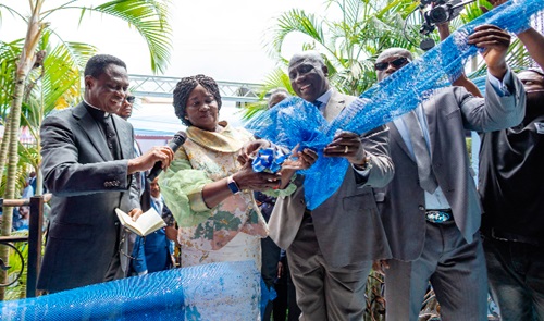 Vice-President Professor Naana Jane Opoku-Agyemang assisted by Apostle Eric Nyamekye, Chairman, Church of Pentecost, and Nana Samuel Amo Tobbin, founder and Chancellor of Entrance University College of Health Sciences, to inaugurate the facility