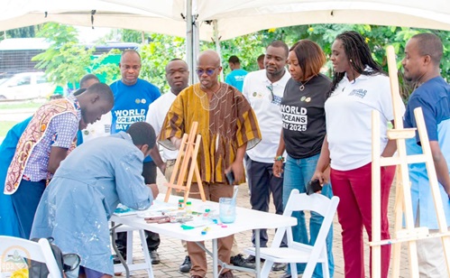 Prof Nana Ama Browne Klutse (2nd from right), CEO of EPA, with some dignitaries observing students displaying their artworks Prof Nana Ama Browne Klutse (2nd from right), CEO of EPA, with some dignitaries observing students displaying their artworks