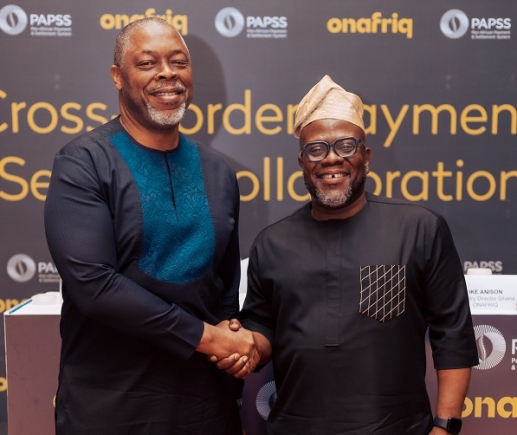 Mike Ogbalu (left), PAPSS CEO, congratulating Dare Okoudjou (right), Founder and CEO of Onafriq, after the launch Two partner to boost intra-Africa payments