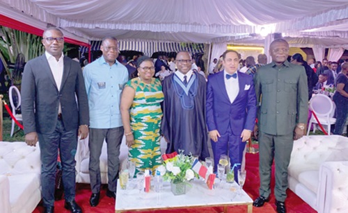 John Jinapor (left), Minister of Energy and Green Transition; Fifi Fiavi Kwetey (2nd from left), General Secretary, NDC; Lydia Lamisi Akanvariba (3rd from left), Minister of State in Charge of Public Sector Reforms; Jules Armand-Aniambossou (3rd from right), French Ambassador to Ghana; Maher Kheir (2nd from right), Dean of the Diplomatic Corps, and the Lebanese Ambassador to Ghana, and Kofi Adams (right), Minister of Sports and Recreation, at the National French Day Celebration in Accra John Jinapor (left), Minister of Energy and Green Transition; Fifi Fiavi Kwetey (2nd from left), General Secretary, NDC; Lydia Lamisi Akanvariba (3rd from left), Minister of State in Charge of Public Sector Reforms; Jules Armand-Aniambossou (3rd from right), French Ambassador to Ghana; Maher Kheir (2nd from right), Dean of the Diplomatic Corps, and the Lebanese Ambassador to Ghana, and Kofi Adams (right), Minister of Sports and Recreation, at the National French Day Celebration in Accra