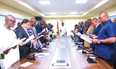 John Setor Dumelo, Deputy Minister of Food and Agriculture, swearing in the board of the Tree Crop Development Authority John Setor Dumelo, Deputy Minister of Food and Agriculture, swearing in the board of the Tree Crop Development Authority