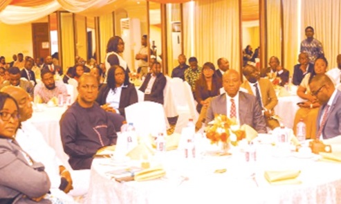 Kwasi Afreh Biney (third from left), Director General, SSNIT, at the staff breakfast meeting