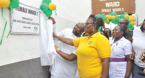 Irish Obeng-Tuudah, President of ARB Bank Ladies Association, jointly unveiling the plaque to the refurbished changing room (inset) at the Accra Psychiatric Hospital with Dr Kwadwo Marfo Obeng, Director of the facility Irish Obeng-Tuudah, President of ARB Bank Ladies Association, jointly unveiling the plaque to the refurbished changing room (inset) at the Accra Psychiatric Hospital with Dr Kwadwo Marfo Obeng, Director of the facility