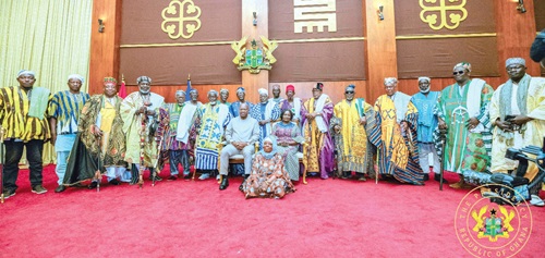 President John Mahama and Vice-President Prof. Naana Jane Opoku-Agyemang (seated) with the delegation from the Nayiri, Overlord of Mamprugu, at the Jubilee House President John Mahama and Vice-President Prof. Naana Jane Opoku-Agyemang (seated) with the delegation from the Nayiri, Overlord of Mamprugu, at the Jubilee House