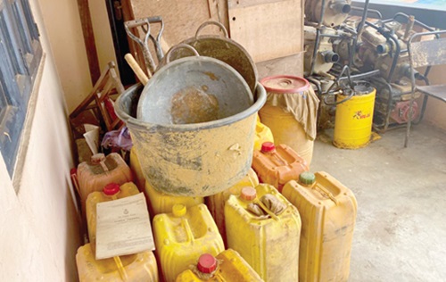 Some of the seized mining equipment deposited at the Oda Divisional Police Headquarters Some of the seized mining equipment deposited at the Oda Divisional Police Headquarters